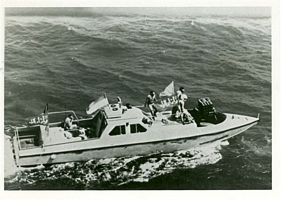 An Iranian boghammer. The Iranian Revolutionary Guard used these fast gunboats to carry out attacks on tankers. U.S. forces fought boats of this type during the battle at Middle Shoals Buoy. See chapter 8. (U.S. Navy Photo)